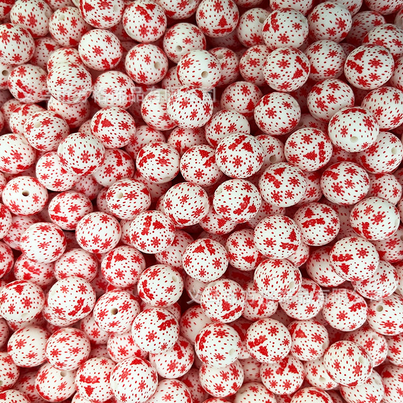 Wholesale 50pcs DIY Christmas Snowman Christmas Tree Printing 15mm Silicone Beads